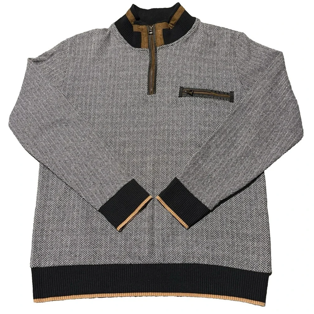 Dewberry Quarter Zip Sweater Mens XL Gray Herringbone Suede Mock‎ Neck Pullover